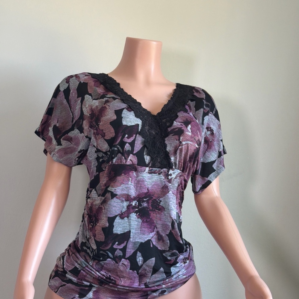 Maurices Purple and Black Floral Scoop Neck Top